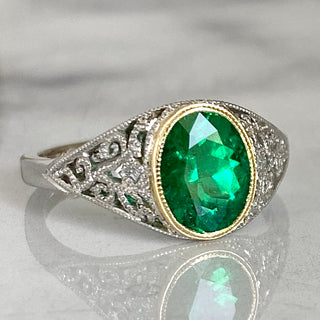 Vintage Inspired Emerald Platinum & 18k Anniversary Ring
