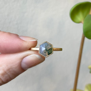 Hexagon Moss Agate Statement Ring